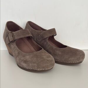 Dansko suede taupe brown wedge heel Mary Janes with Buckle Closure